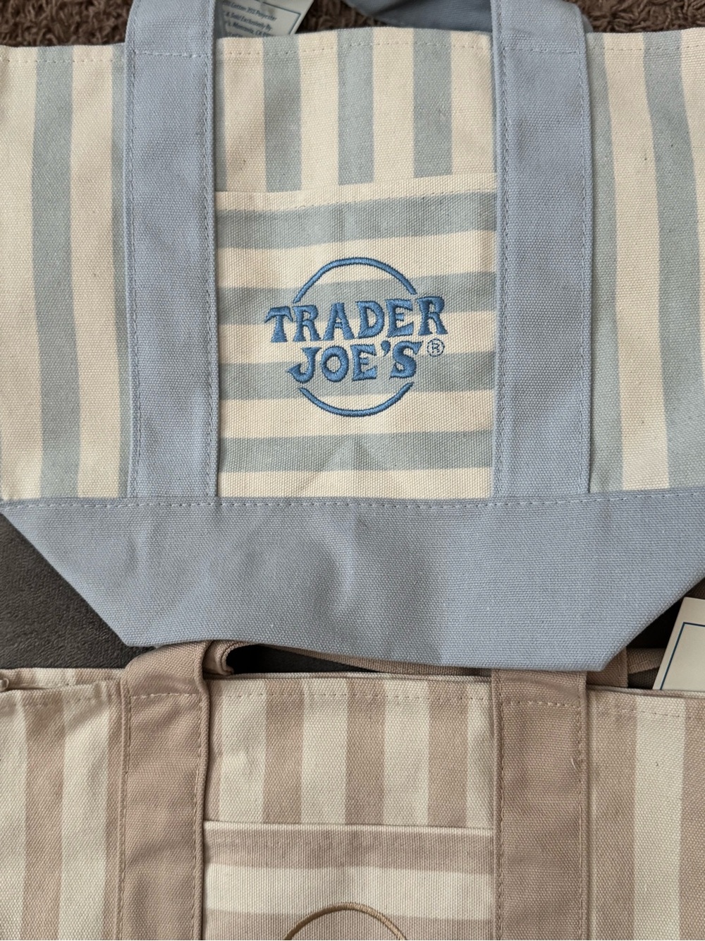Trader Joe's Light Blue & White Striped Canvas Tote Bag
